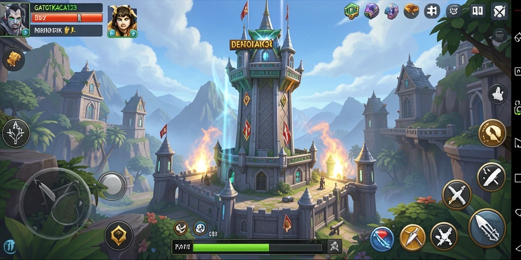 Tampilan gameplay GATOTKACA123 dengan menara yang strategis.
