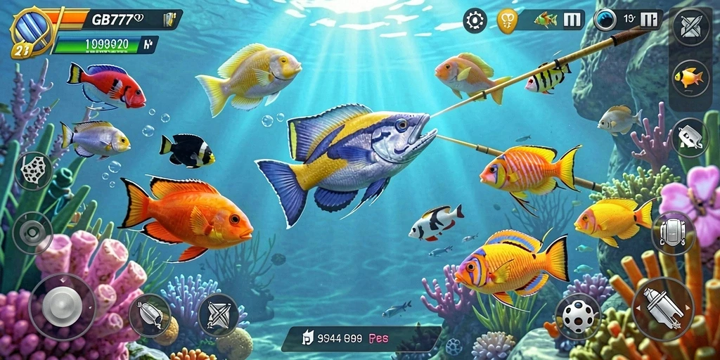 Screenshot gameplay GB777 yang memperlihatkan aksi menangkap ikan.