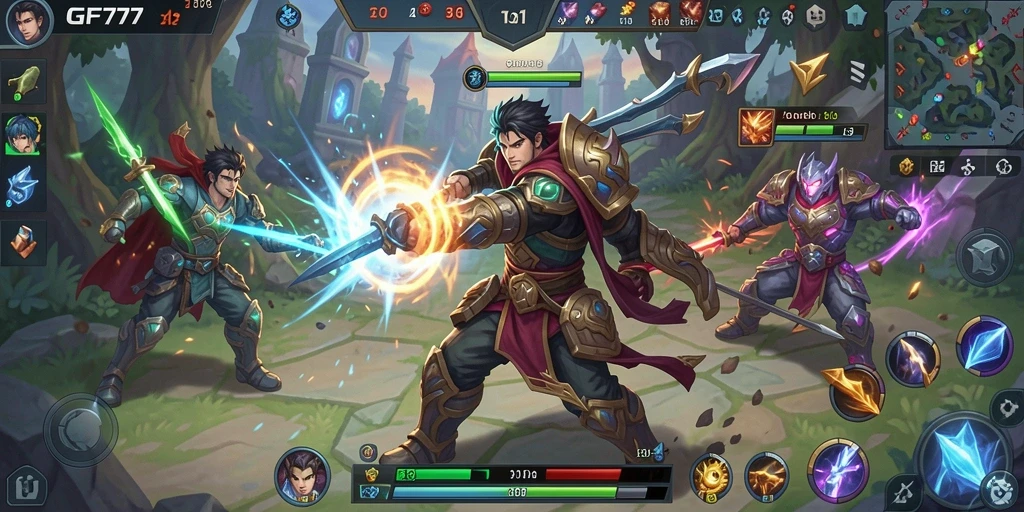 Screenshot gameplay GF777 menunjukkan aksi pertarungan MOBA yang intens.