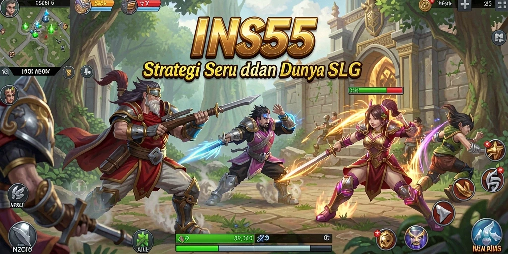 Screenshot gameplay INS55 menampilkan aksi pertempuran epik dan strategi SLG.