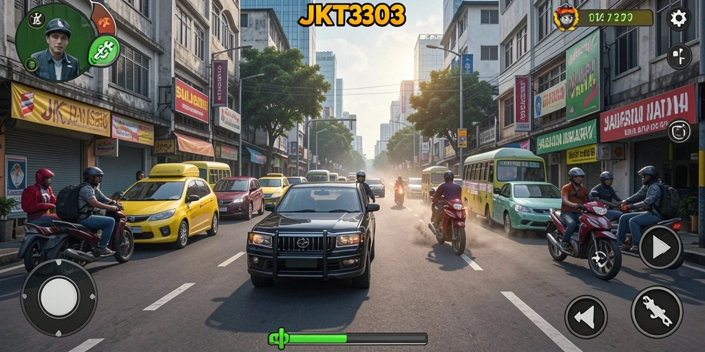 Screenshot gameplay JKT303 menampilkan aksi balapan yang seru dan cepat.