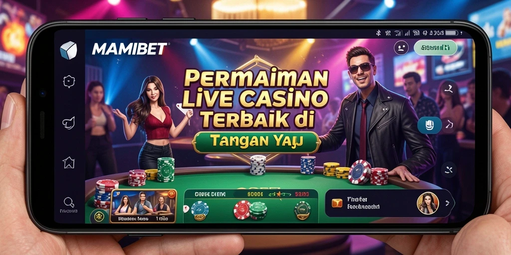 Screenshot MAMIBET menunjukkan dealer yang ramah dan atmosfer kasino langsung.