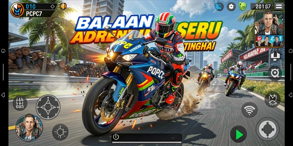 Tampilan gameplay seru dari PCPC7 dengan balapan motor yang mendebarkan.