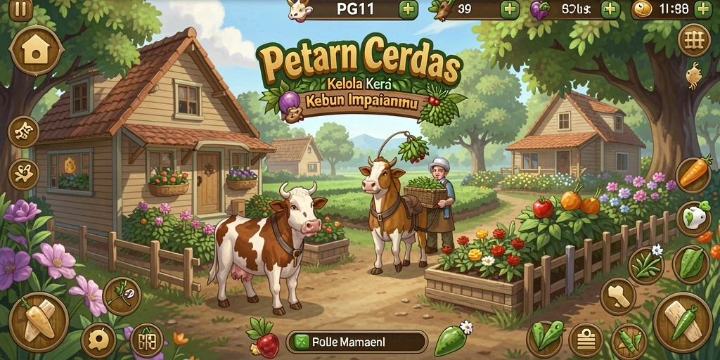 Screenshot gameplay PG11 menampilkan kebun indah dan tanaman yang subur.
