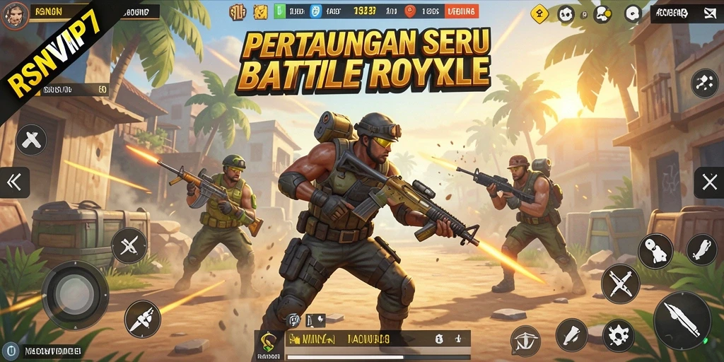 Screenshot RSNVIP7 menampilkan pertarungan intens di medan perang Battle Royale.
