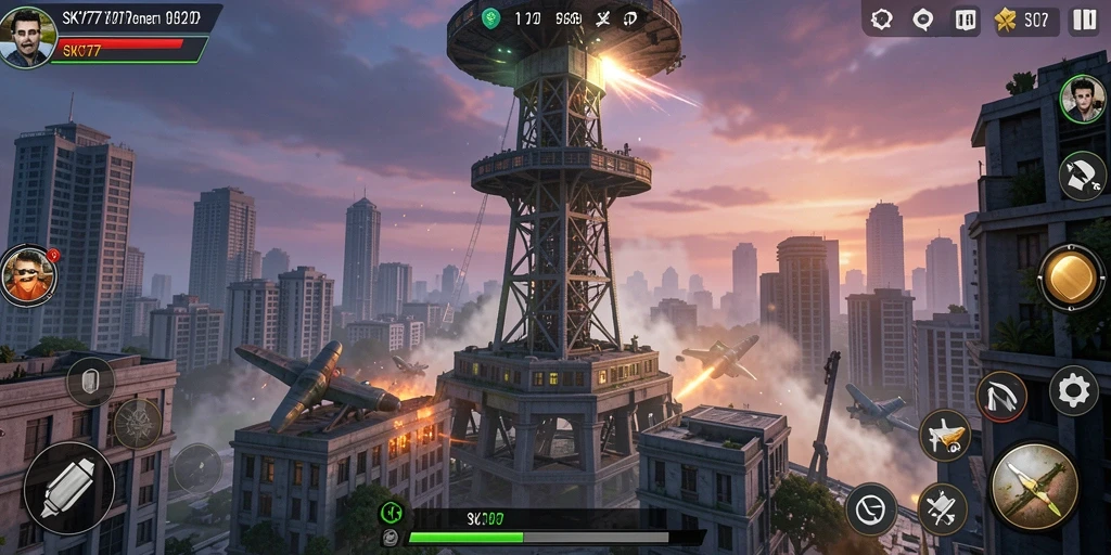 Tampilan utama gameplay SKY77 dengan menara dan musuh yang beragam.