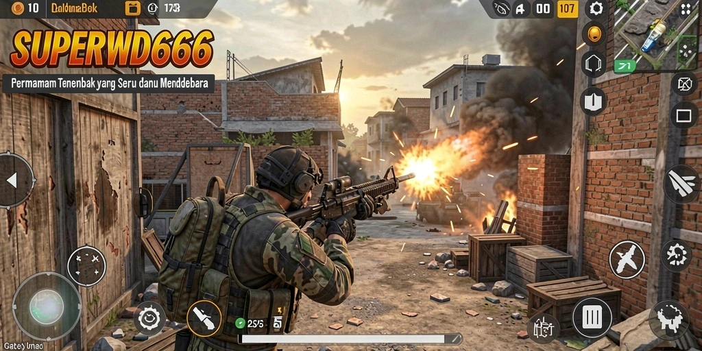 Tangkapan layar menunjukkan aksi intens dalam permainan FPS SUPERWD666.