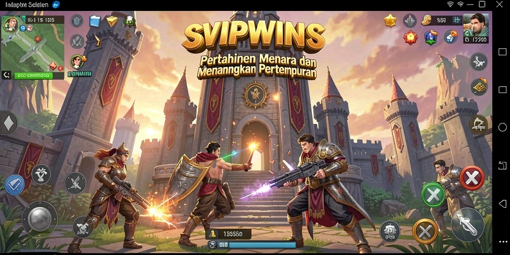 Tangkapan layar gameplay dari SVIPWINS menunjukkan menara yang sedang bertarung.